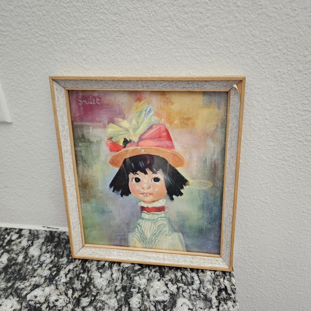 1960s kitsch wooden framed art print Francoise Soulet, wide-eyed girl in a hat